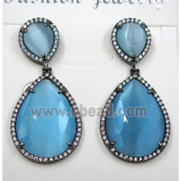 blue cat eye stone earring pave zircon, teardrop