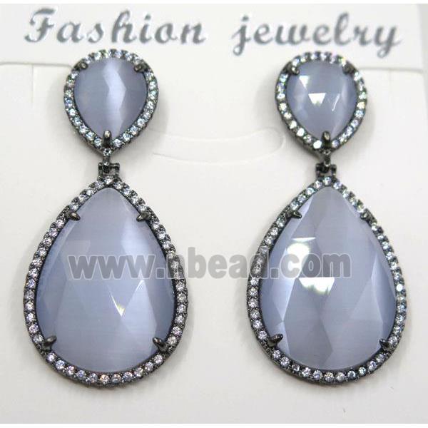 grayblue cat eye stone earring pave zircon, teardrop