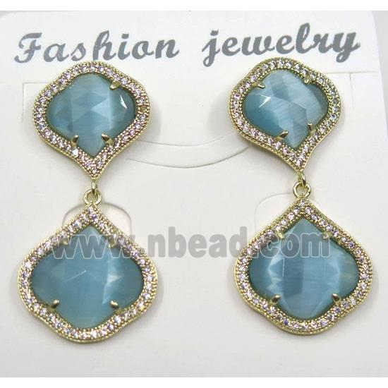 aqua cat eye stone earring pave zircon, clover