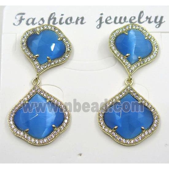 blue cat eye stone earring pave zircon, clover