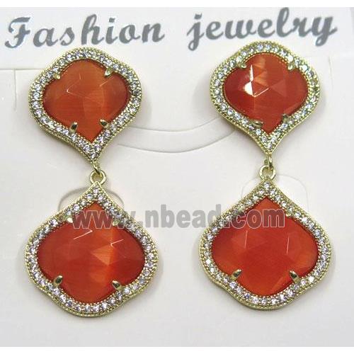 red cat eye stone earring pave zircon, clover