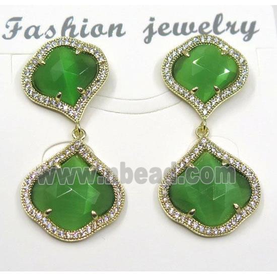 green cat eye stone earring pave zircon, clover