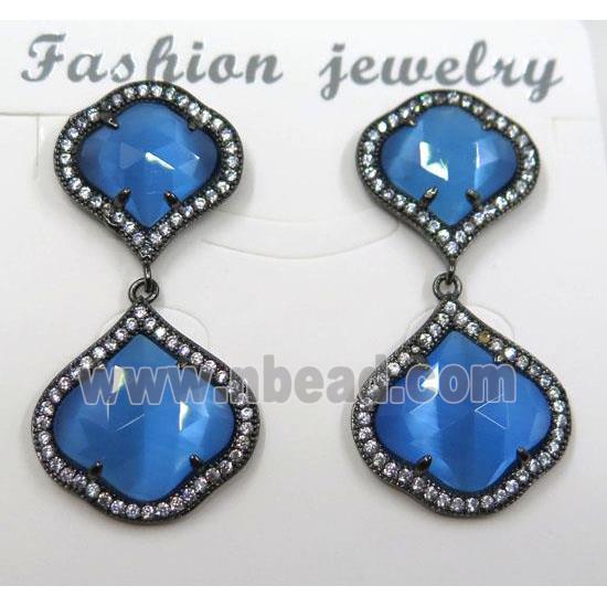 blue cat eye stone earring pave zircon, clover