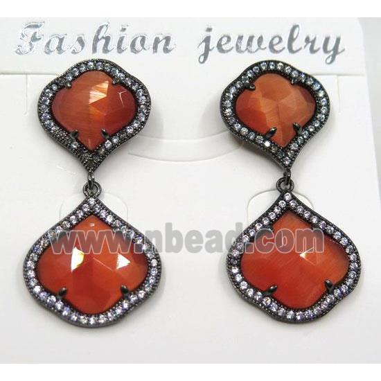 red cat eye stone earring pave zircon, clover