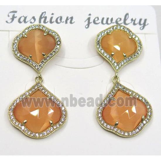 orange cat eye stone earring pave zircon, clover