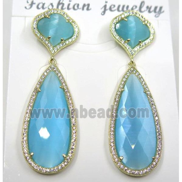 aqua cat eye stone earring pave zircon, droplet