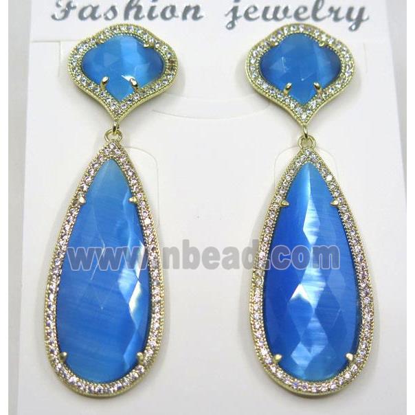 skyblue cat eye stone earring pave zircon, droplet