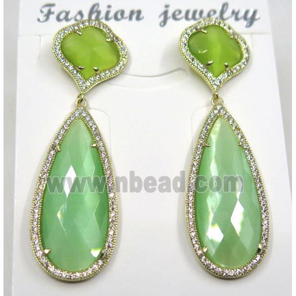 spring green cat eye stone earring pave zircon, droplet