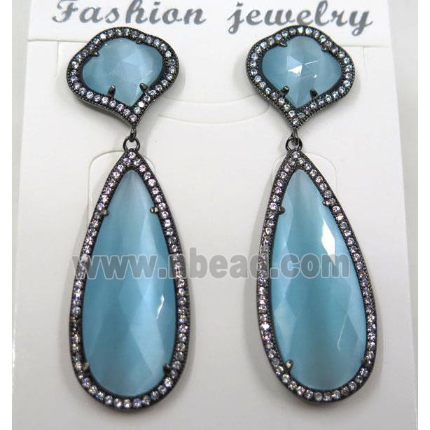 aqua cat eye stone earring pave zircon, droplet