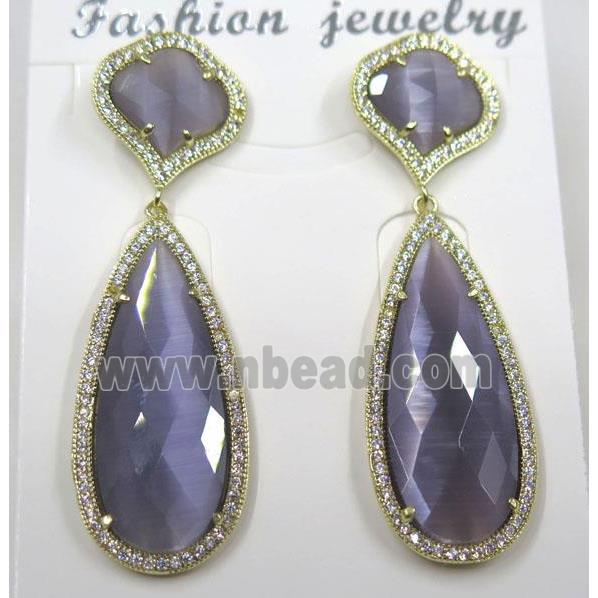 purple cat eye stone earring pave zircon, droplet