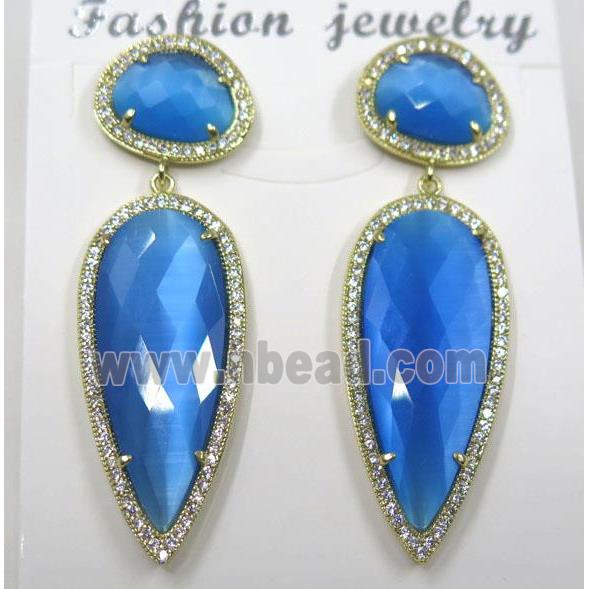 skyblue cat eye stone earring pave zircon, droplet