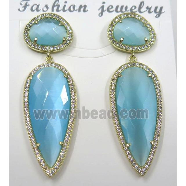 aqua cat eye stone earring pave zircon, droplet