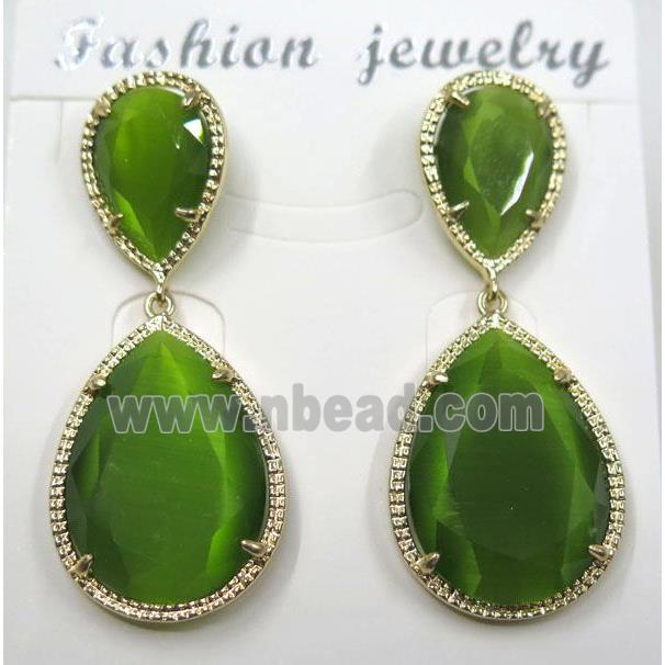 green cat eye stone earring, droplet