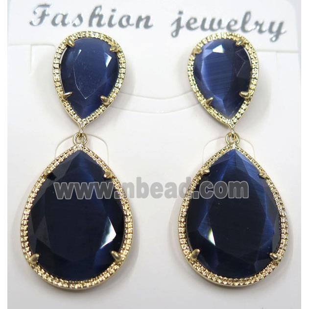 dark blue cat eye stone earring, droplet