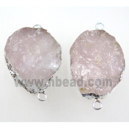 rough rose quartz connector, silver plated, freeform