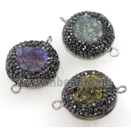 druzy Quartz connector paved rhinestone, flat-round, mix color