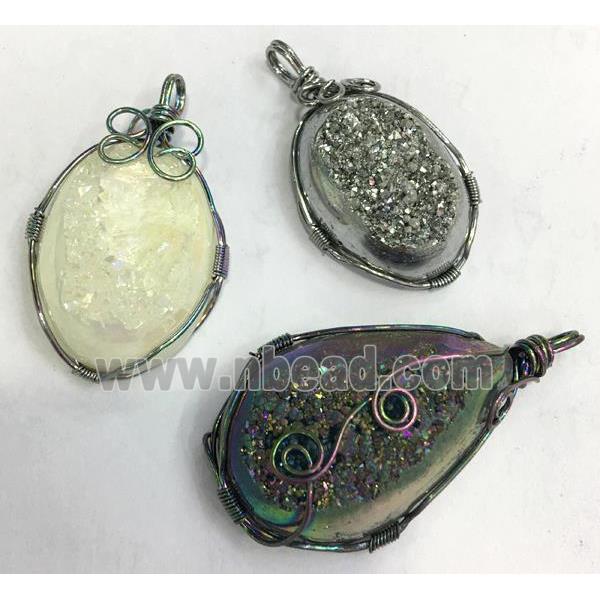 mix druzy Quartz pendant, freeform, wire wrapped