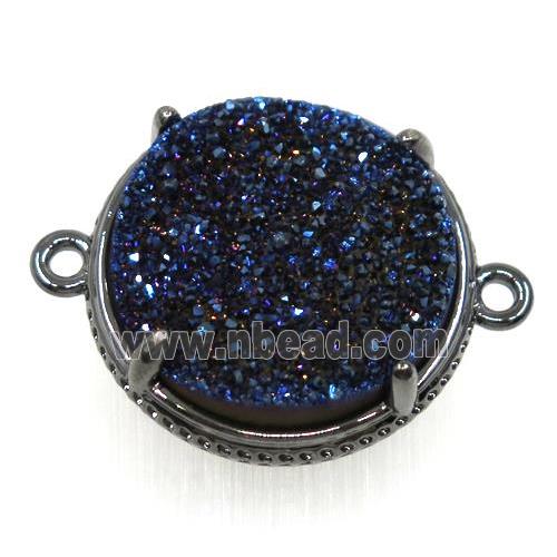 dark blue druzy agate connector, flat round, black plated