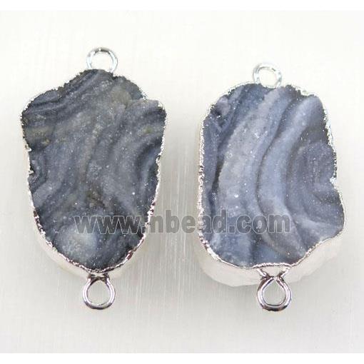 solar agate druzy connector, freeform, silver plated