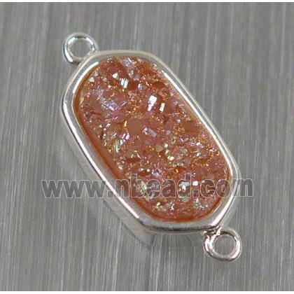 orange druzy quartz connector, oval, silver plated