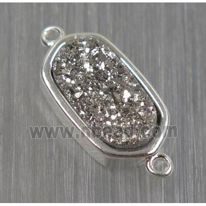 silver druzy quartz connector, oval, silver plated