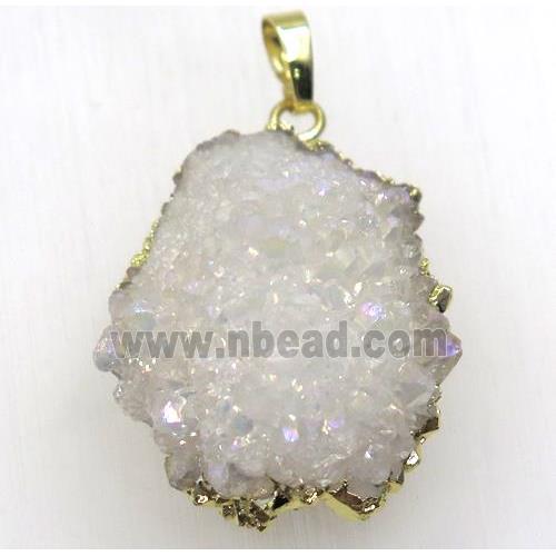 white AB-color solar quartz druzy pendant, freeform, gold plated