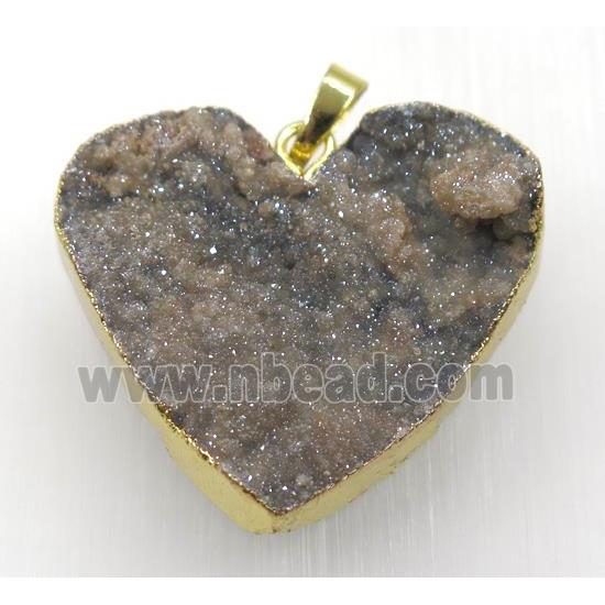 gold-champagne druzy quartz pendant, heart, gold plated