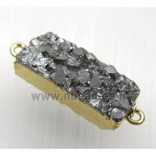 silver druzy quartz connector, rectangle, gold plated