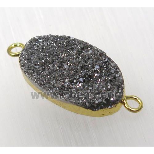 black druzy quartz connector, oval, gold plated