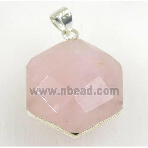 Rose Quartz hexagon pendant, 925 silver plated