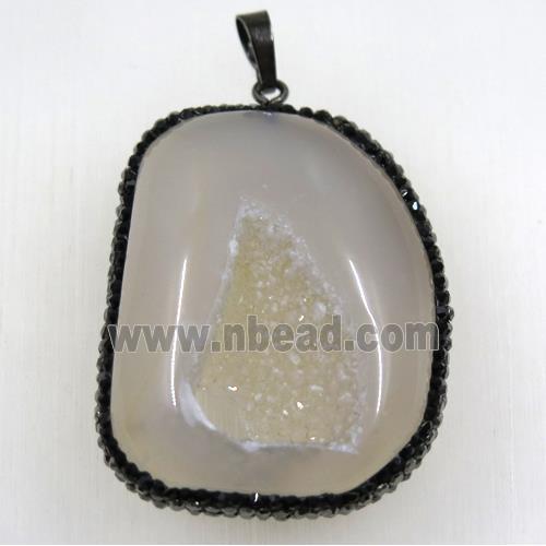 gray Druzy Agate geode pendant paved black rhinestone, freeform