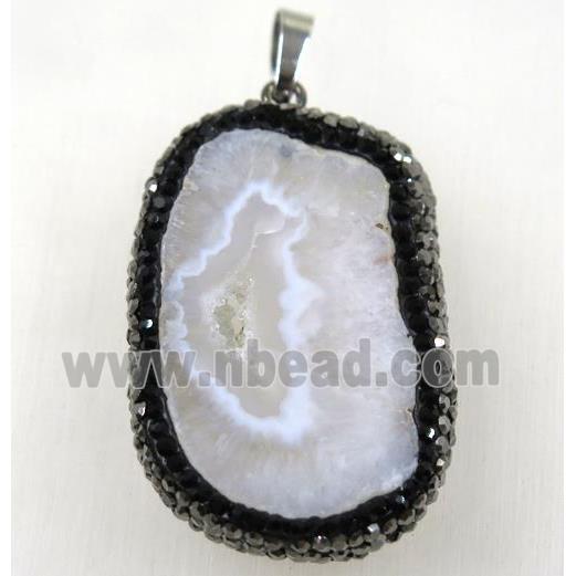 white druzy agate slice pendant paved rhinestone, freeform