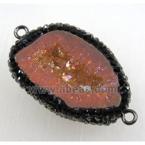 orange druzy agate slice connector paved rhinestone, freeform