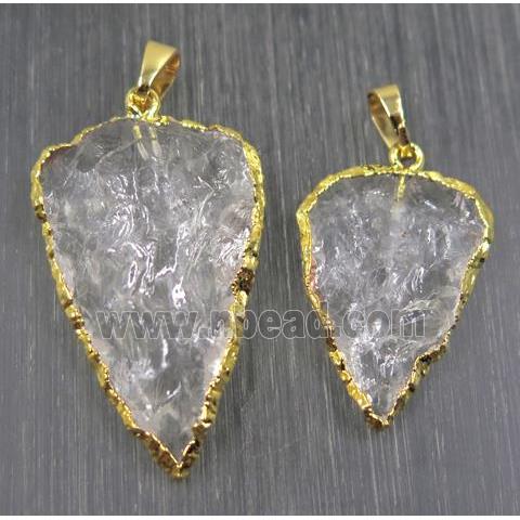 Hammered Clear Quartz arrowhead pendant, gold plated