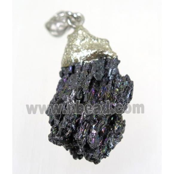 rainbow Lava stone nugget pendant, freeform, silver plated