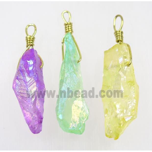 AB-color Quartz stick pendant, wire wrapped, dye, mix color