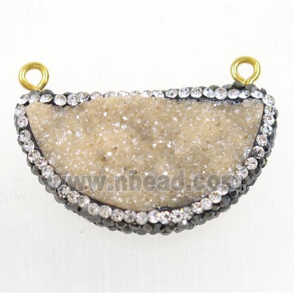 lt.gold-champagne druzy quartz pendant paved rhinestone, half moon