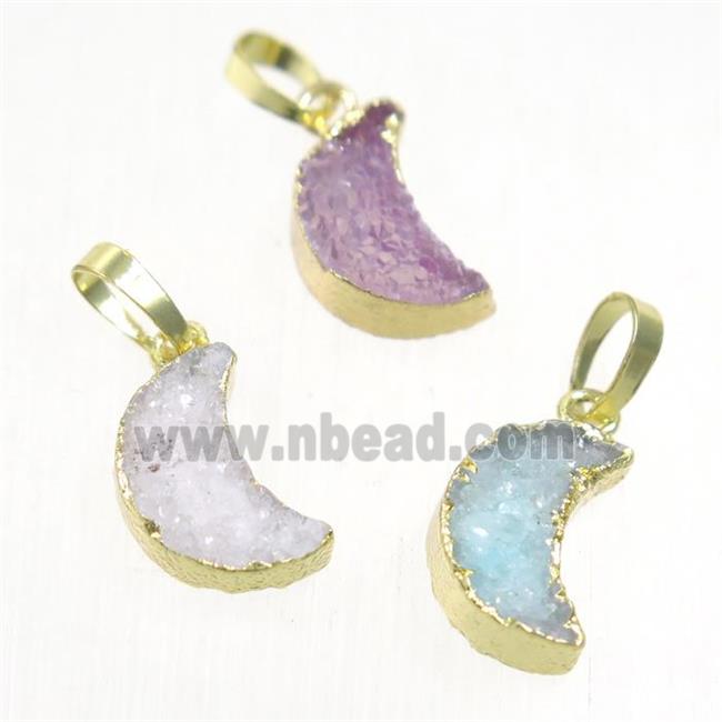 Druzy Quartz moon pendant, mix color, gold plated