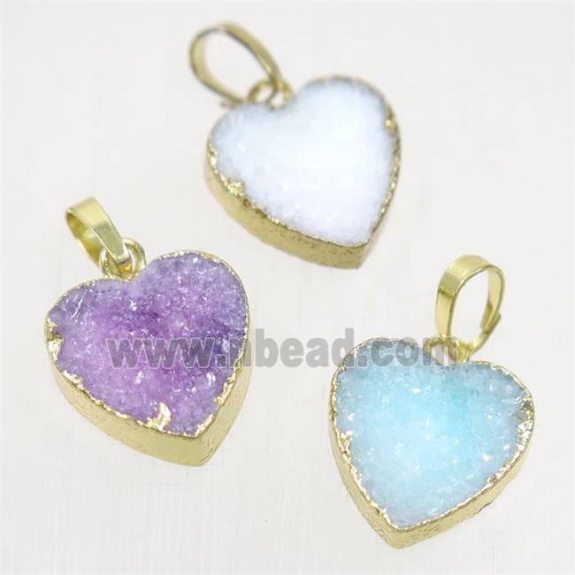 Druzy Quartz heart pendant, mix color, gold plated