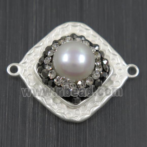 white Pearl connector pave rhinestone, copper, square, duck silver plated