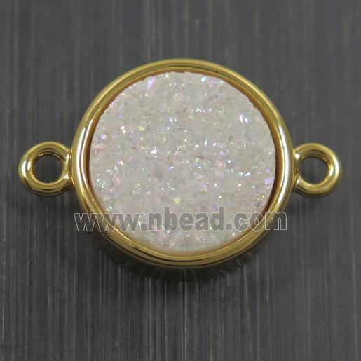 white AB-color, Druzy Agate connector, flat round, gold plated