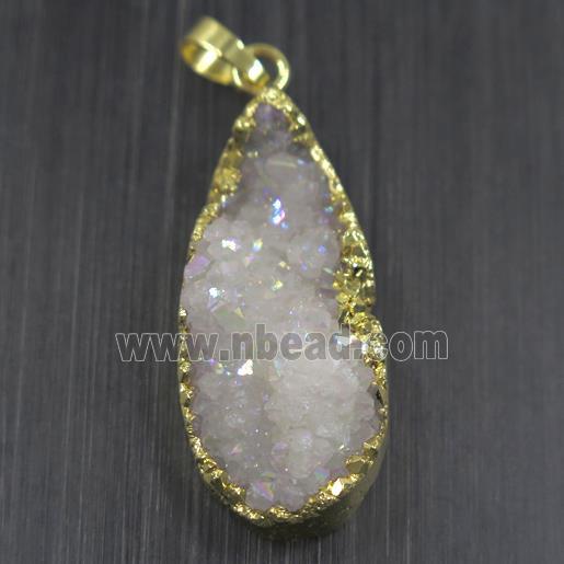 white AB-color Druzy Quartz pendant, teardrop, gold plated