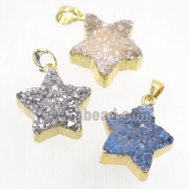 mixed color Druzy Quartz star pendant, gold plated