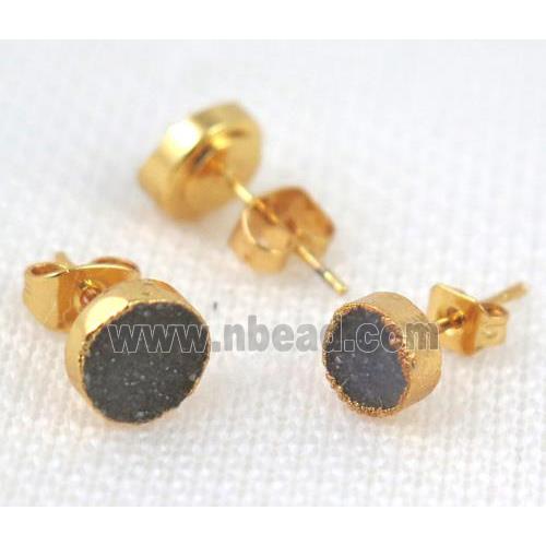 druzy agate earring studs, copper, flat-round, gold plated