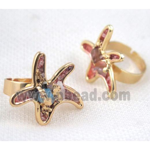 Fluorite ring, starfish, copper, gold plated