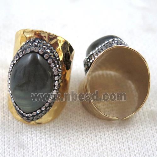 horse-eye labradorite ring paved rhinestone, copper, gold plated