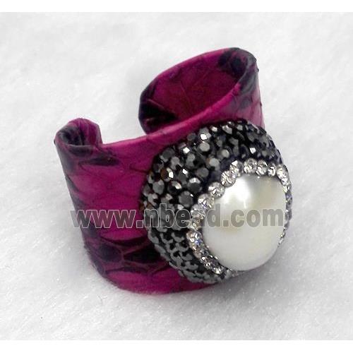 white freshwater pearl pave rhinestone, hotpink snakeskin alloy ring