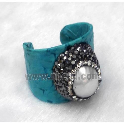 white freshwater pearl pave rhinestone, blue snakeskin alloy ring