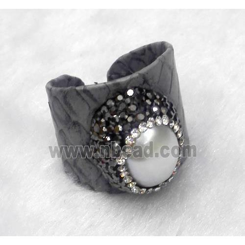 white freshwater pearl pave rhinestone, gray snakeskin alloy ring