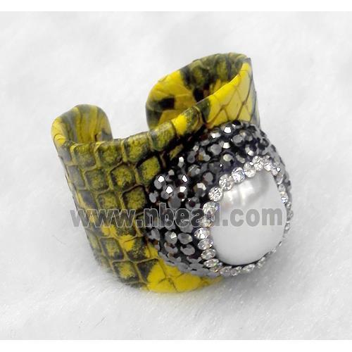 white freshwater pearl pave rhinestone, yellow snakeskin alloy ring